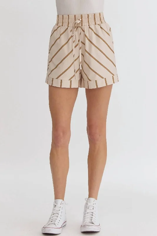 Striped High Waisted Shorts In Taupe