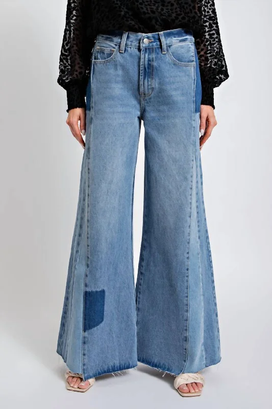 Pieces Of Grace Bell Bottom Pants In Washed Denim