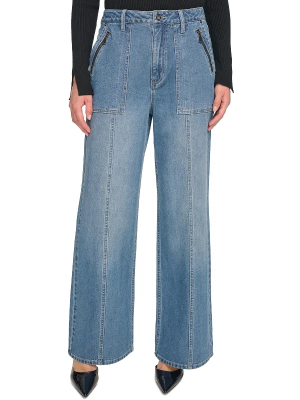 Womens High Rise Pintuck Wide Leg Jeans