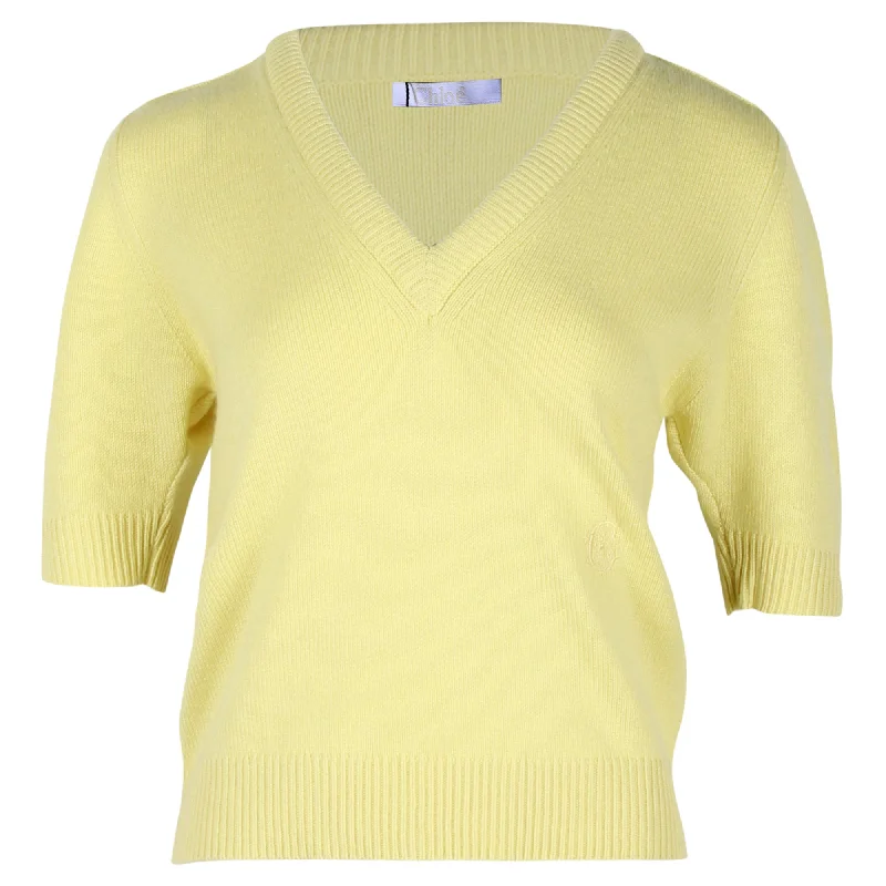 Chloe Knitted V-Neck Top in Pastel Yellow Cashmere