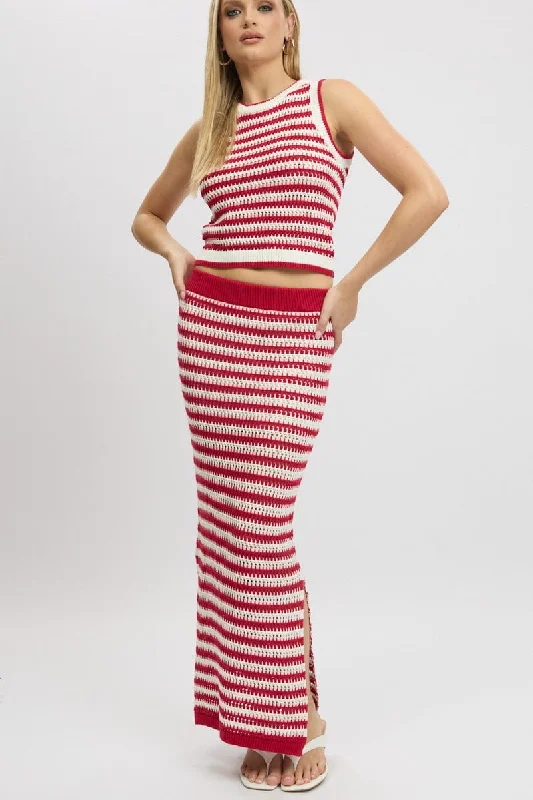 Red Stripe Crochet Knit Skirt Elastic Waist Midi Lined