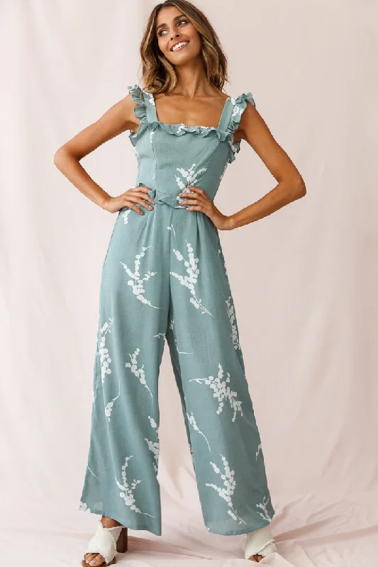 Azure Frill Strap Wide Leg Jumpsuit Sage