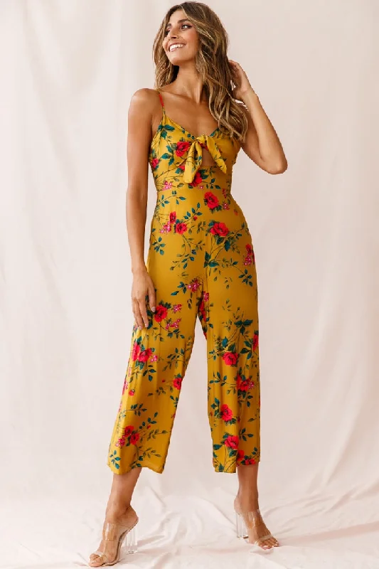 Call Me Wide-Leg Tied Bust Jumpsuit Floral Print Mustard