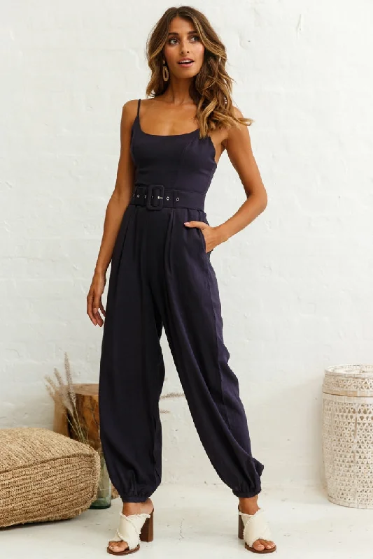 Santa Barbara Cuffed Hem Belted Jumpsuit Navy