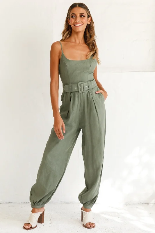 Santa Barbara Cuffed Hem Belted Jumpsuit Olive