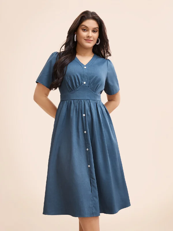 Denim Effect Button Detail Split Front Dress