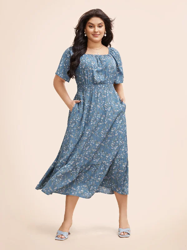 Ditsy Floral Pocket Square Neck Shirred Ruffles Dress