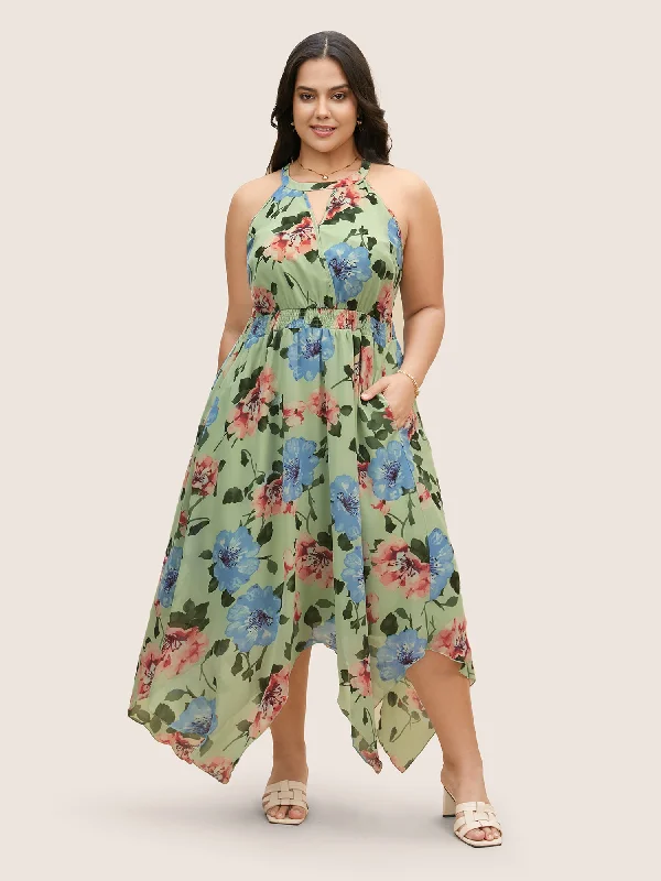 Floral Shirred Asymmetrical Hem Sleeveless Dress