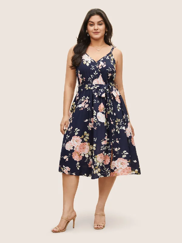 Floral Wrap Elastic Waist Belted Sleeveless Dress