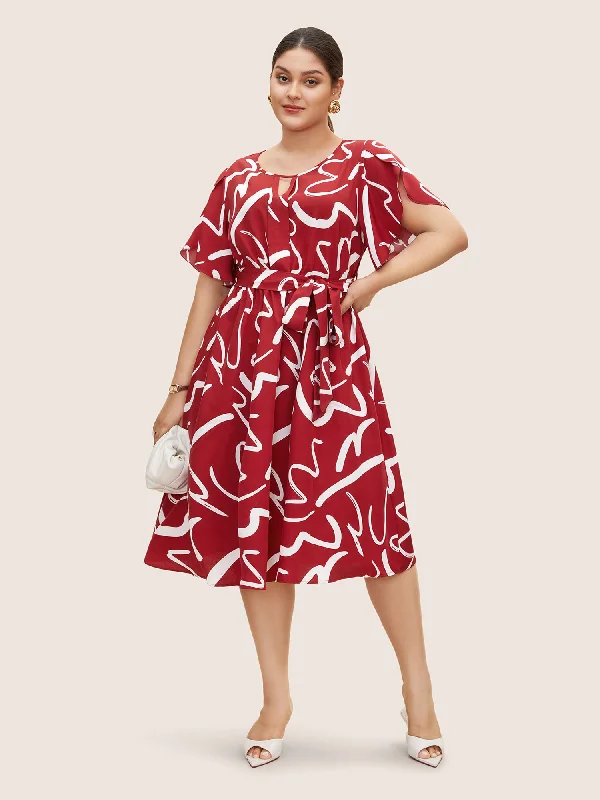 Graffiti Print Keyhole Petal Sleeve Dress