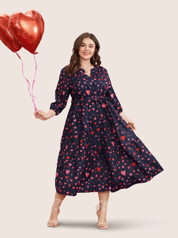 Heart Print V Neck Pocket Belted Lantern Sleeve Ruffles Dress