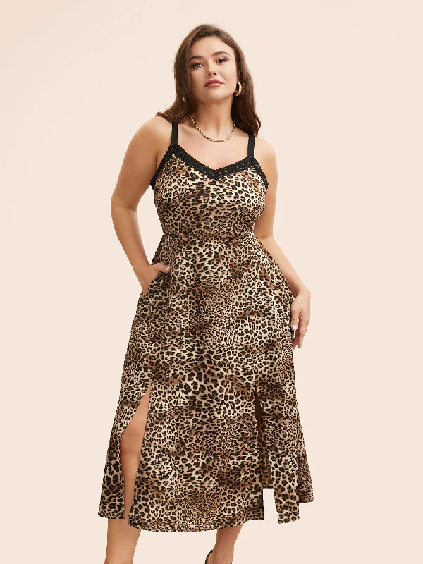 Leopard Print Lace Patchwork Slit Hem Dress