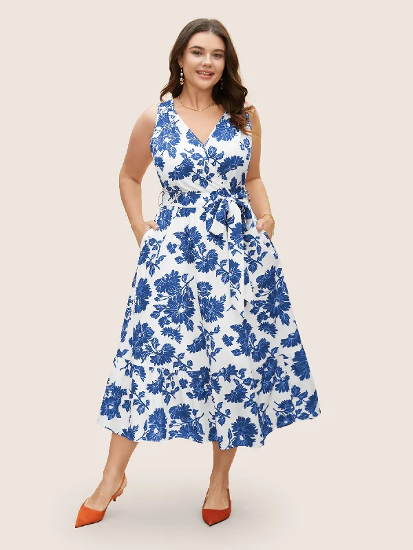 Overlap Collar Floral Sleeveless Belted Dress