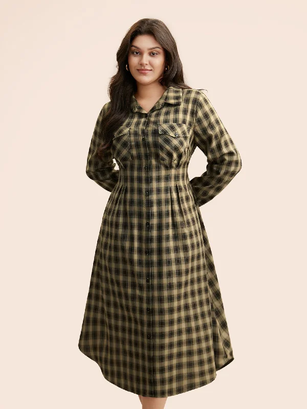 Plaid Pleated Flap Pocket Arc Hem Dress