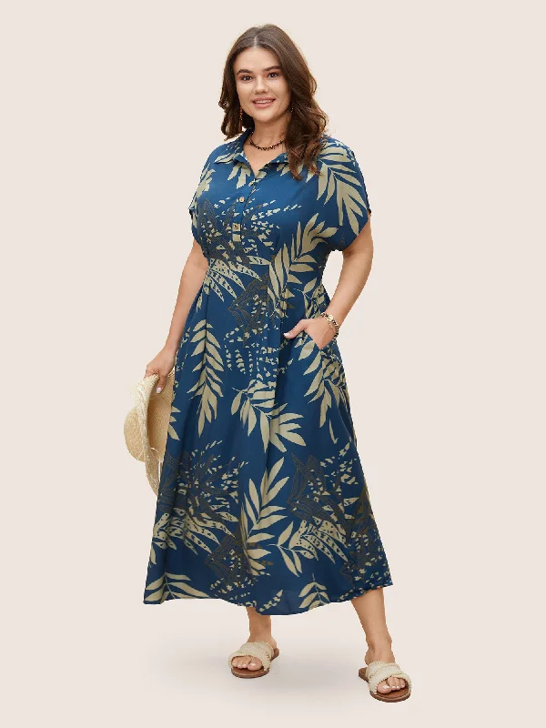 Rayon Tropical Print Button Detail Pleated Dress