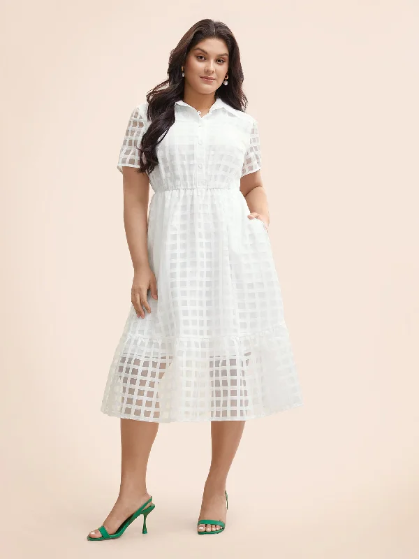 Shirt Collar Gingham Mesh Button Up Dress