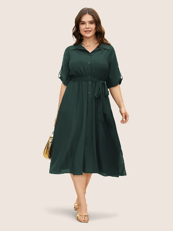 Shirt Collar Tab Sleeve Split Hem Dress