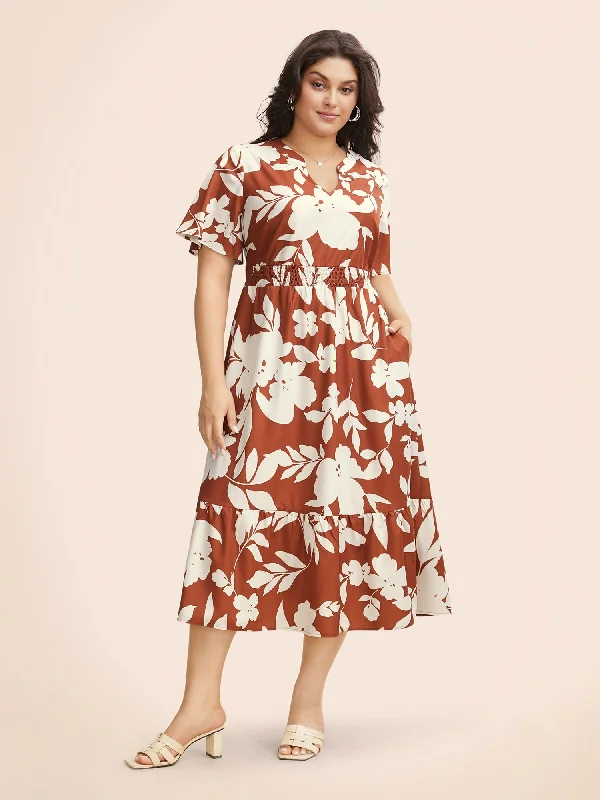 Silhouette Floral Print Shirred Ruffles Dress