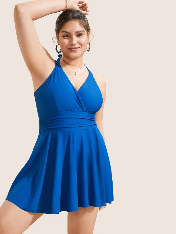 Solid Ruffle Hem Empire Waist Halter Neck Swim Dress