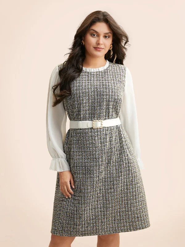 Tweed Patchwork Ruffle Trim Dress