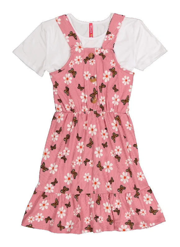 Little Girls Ribbed Butterfly Print and Short Sleeve Top