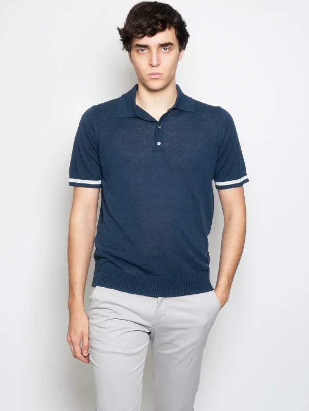 Polo in Maglia di Lino con Contrasti Blu